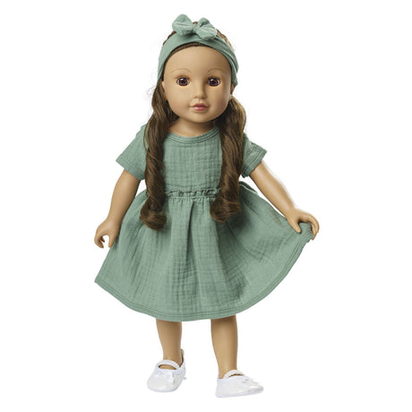 Vestido para muñeca Heless de algodón con volantes y diadema verde salvia 28-35cm.