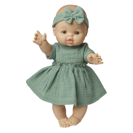 Vestido para muñeca Heless de algodón con volantes y diadema verde salvia 28-35cm.