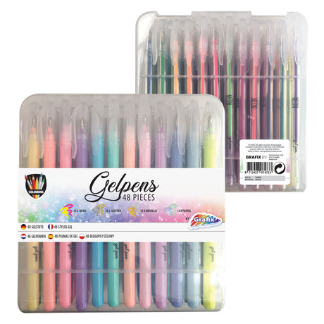 Bolígrafos de gel Grafix - 48 piezas - 12 bolígrafos neón | 12x bolígrafos con purpurina | 12x bolígrafos metálicos | 12x bolígrafos pastel - bolígrafos de gel para niños y adultos |