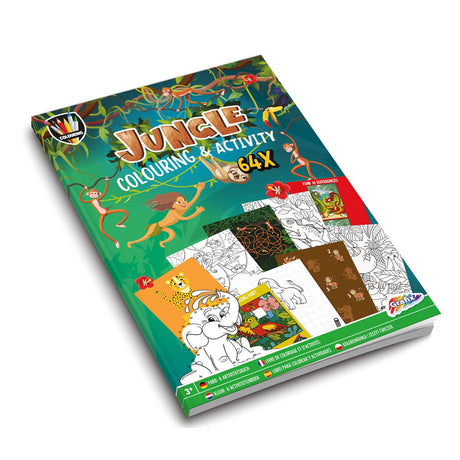 Libro de actividades y colorear en grupo de manualidades creativas en la jungla.