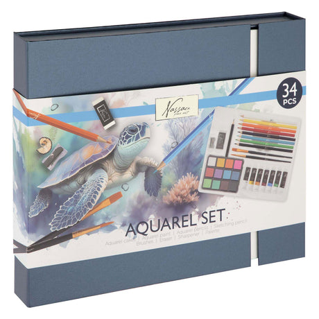 Nassau Fine Art Juego de iniciación de pintura de acuarela de 34 piezas - set de regalo con recipientes de pintura de acuarela, tubos de pintura de acuarela, lápices y pinceles - pintura para pasatiempos para adultos - pintura para adultos