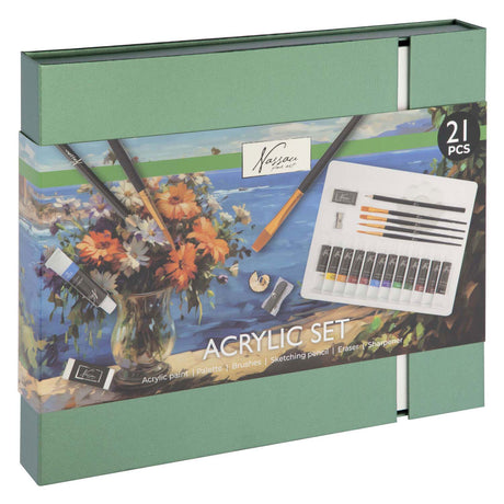 Nassau Fine Art Painting Starter Set Pintura Acrílica 21 Piezas - Pintura Hobby con Pinceles - Tubos de Pintura Acrílica - Set de Regalo