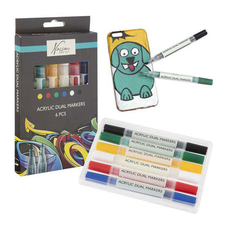 Marcadores acrílicos profesionales de bellas artes Nassau | 6 colores diferentes | marcadores dobles | adecuado para piedras - zapatos - vidrio - plástico - madera - ropa