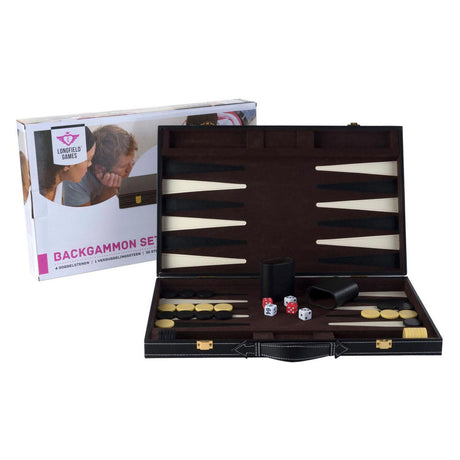 Backgammon Engelhart de 18 pulgadas - tablero cosido en marfil marrón - maleta negra con asa - edición de viaje de lujo -