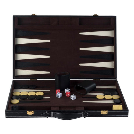 Backgammon Engelhart de 18 pulgadas - tablero cosido en marfil marrón - maleta negra con asa - edición de viaje de lujo -