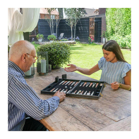 Backgammon Engelhart de 18 pulgadas - tablero cosido en marfil marrón - maleta negra con asa - edición de viaje de lujo -