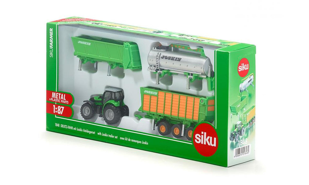 Siku 1848, tractor deutz agrotron x720 con juego de colgadores de carga joskin, escala 1:87, metal plástico