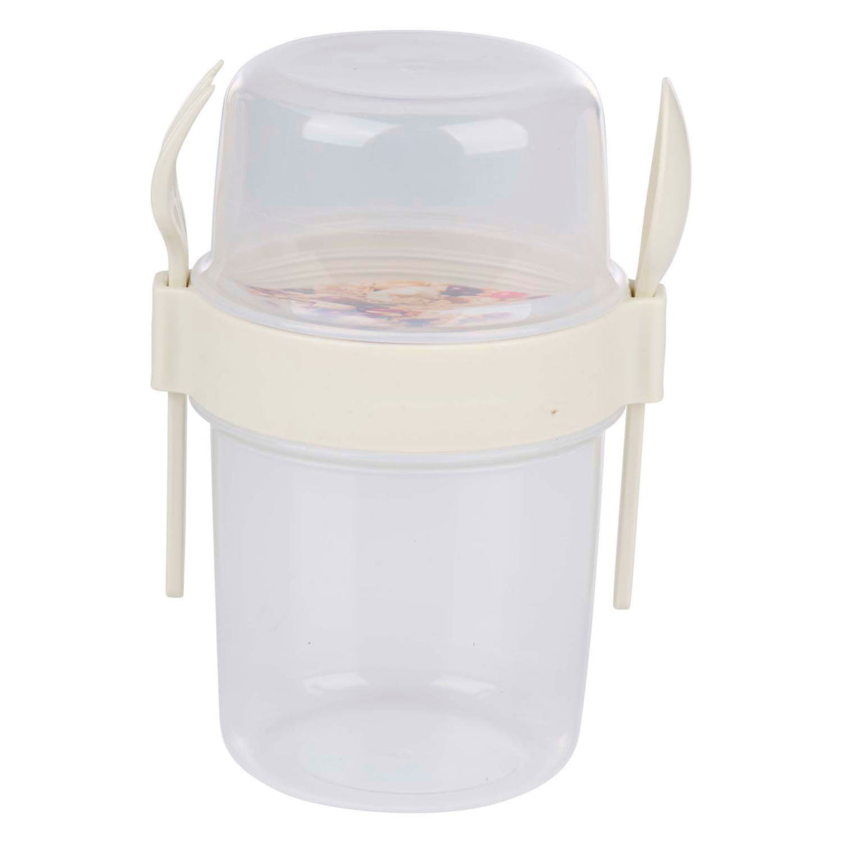 Vaso para guardar alimentos con cubiertos.