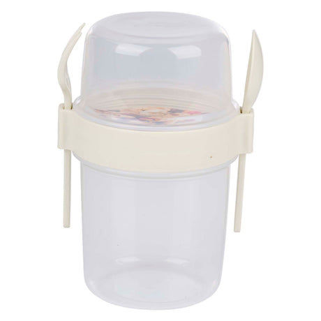 Vaso para guardar alimentos con cubiertos.