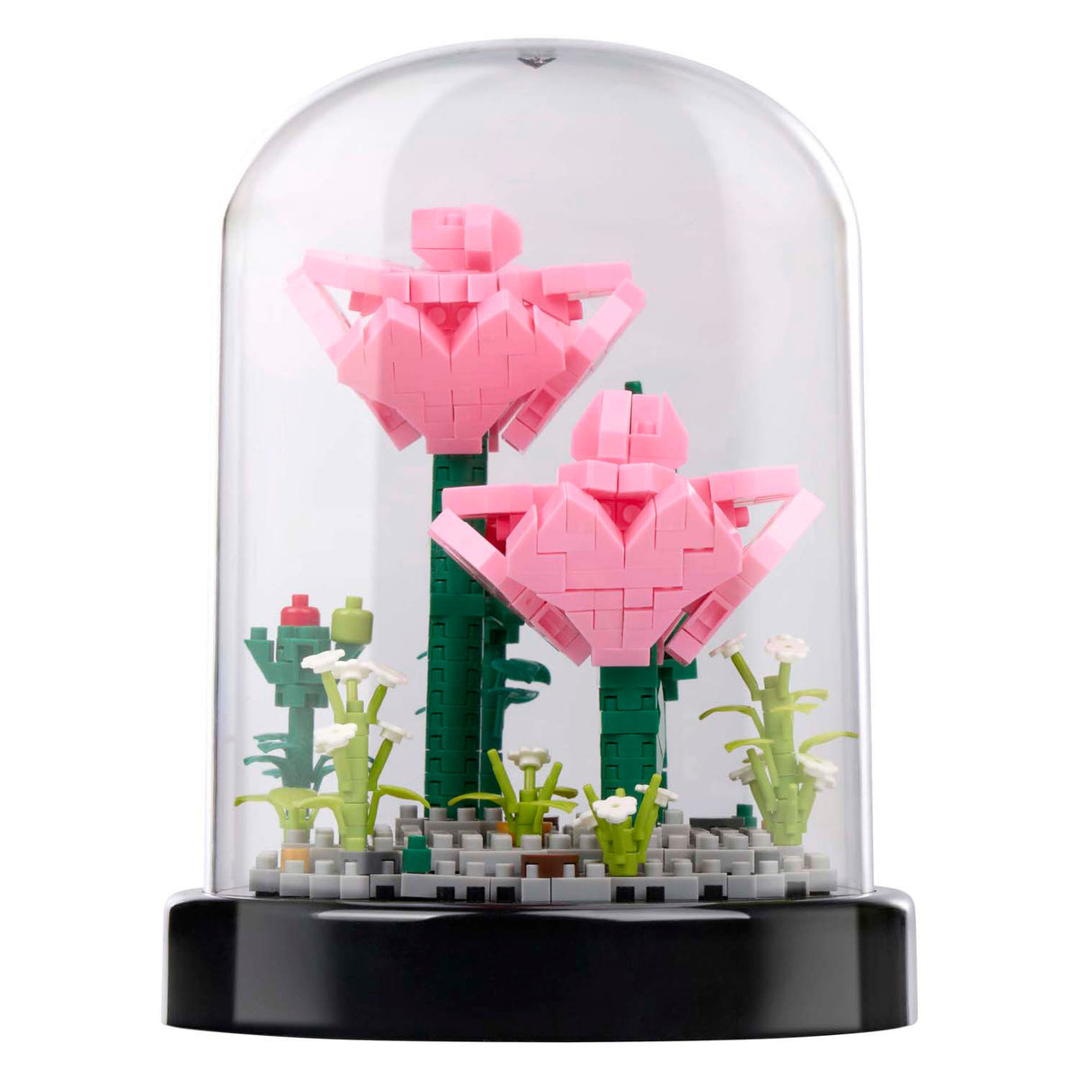 Bloques de construcción de flores en una campana de vidrio