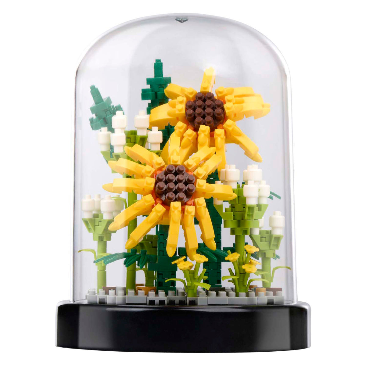Bloques de construcción de flores en una campana de vidrio