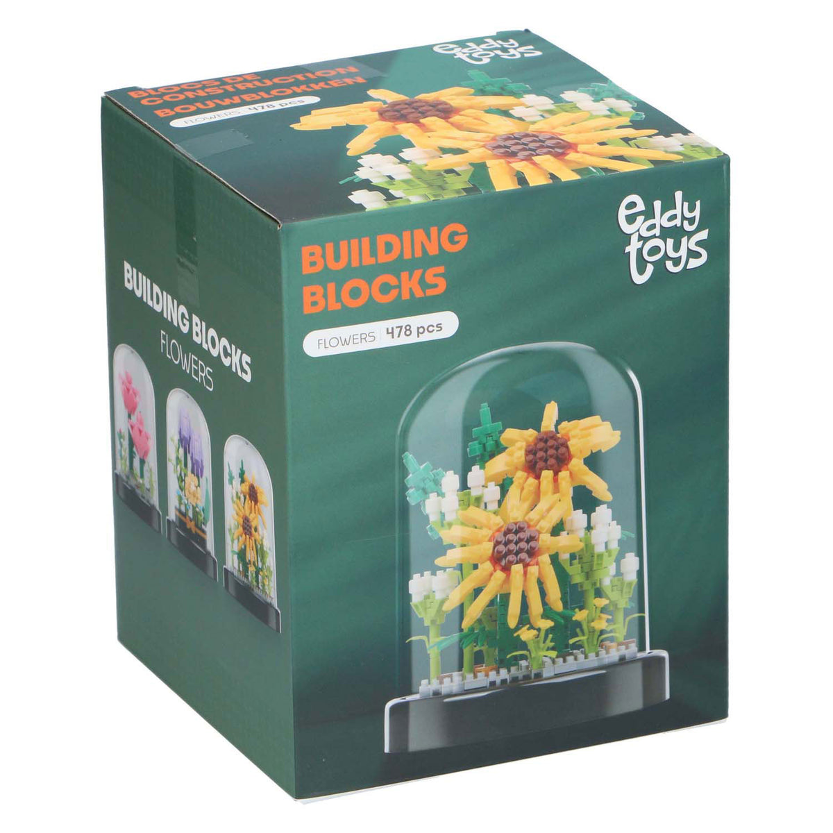 Bloques de construcción de flores en una campana de vidrio
