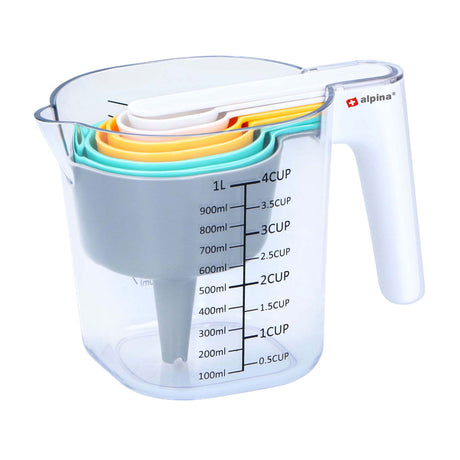 Juego de vasos medidores Alpina de 9 piezas - juego medidor con vaso medidor de 1 litro - vasos medidores apilables - incluye embudo, raspador y cucharas medidoras