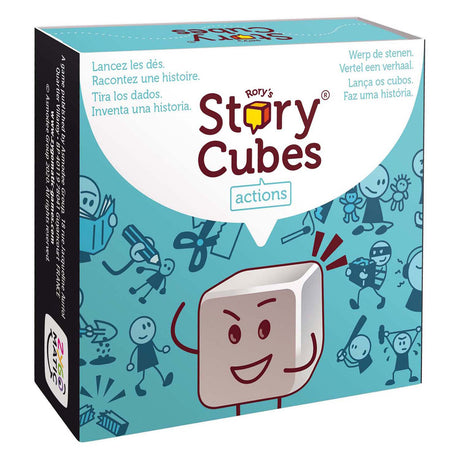 Acciones del juego de dados de cubos de historia de Rory: juego familiar creativo.