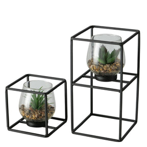 Boltze home planta artificial en maceta de cristal y soporte de metal negro sabia set 2 piezas 11x11 13x24cm