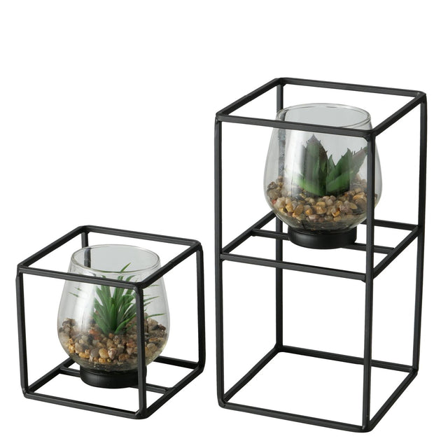 Boltze home planta artificial en maceta de cristal y soporte de metal negro sabia set 2 piezas 11x11 13x24cm