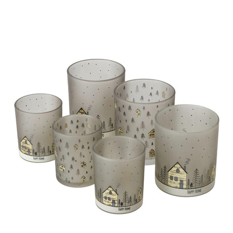 Boltze home portavelas de vidrio homewood, juego de 2 piezas con imagen de casas, altura 8,5 cm, diámetro 7 cm y altura 10 cm, diámetro 9 cm