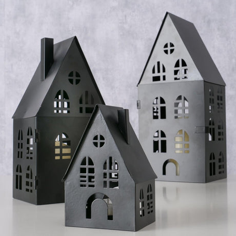 Juego de faroles Boltze Home Dover House 3 piezas largo 8-12-12 cm ancho 7-10-13 cm alto 13-24-35 cm negro