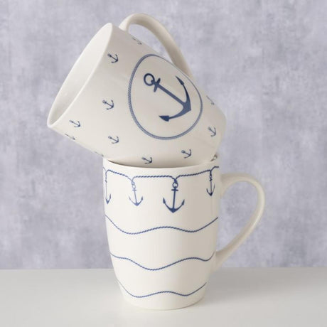 Boltze home taza 'bã¼sum' 350 ml blanco con motivo de ancla azul dia.8,5x10,5cm porcelana 2 surtidos