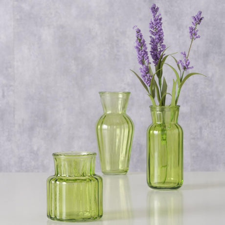 Boltze home jarrón tilla, 3 piezas h9-15,5cm vidrio lacado verde