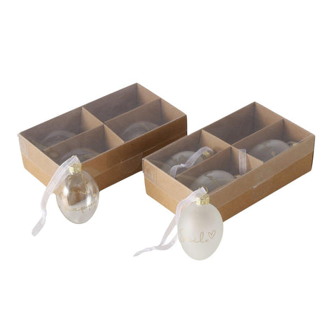 Boltze home deco juego de vasos colgantes para huevos 4 piezas ã˜4xh7cm mate o transparente con texto