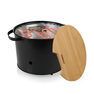 Barbacoa de cubo híbrida Princess 112240 | eléctrico | carbón (negro, ø 32 cm | incl. tabla de cortar y servir de bambú de lujo)