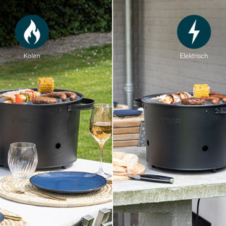 Barbacoa de cubo híbrida Princess 112240 | eléctrico | carbón (negro, ø 32 cm | incl. tabla de cortar y servir de bambú de lujo)