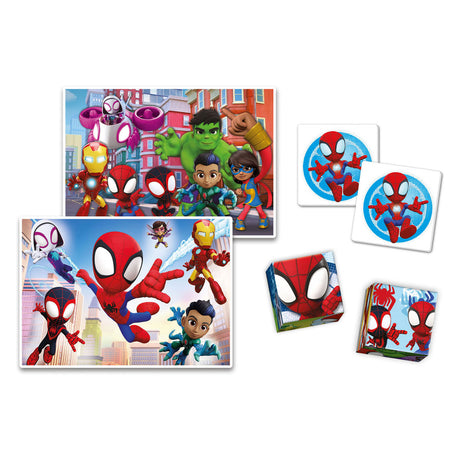 Clementoni - set de juego spidey 4 en 1 - juegos múltiples - 2 puzzles - juego de memoria - 6 bloques - juguetes educativos - a partir de 6 años