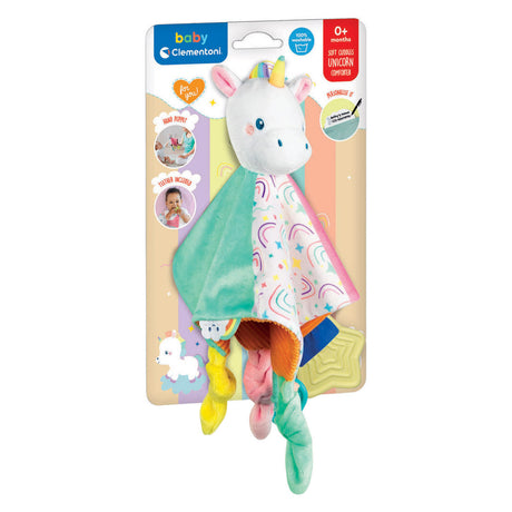 Clementoni Paño de abrazo Unicornio Abrazos suaves - Paño de abrazo con detalles táctiles - Regalo de maternidad suave para niño o niña - Edredón para bebé a partir de 0 meses