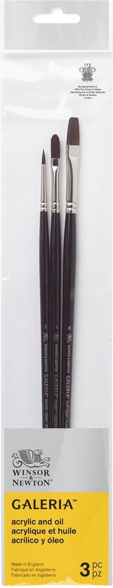 Winsor Newton 5790610 Galeria Juego de pinceles acrílicos 3 - 3 pinceles de mango largo para pintura acrílica (redondos 2, planos 8, avellana 4)