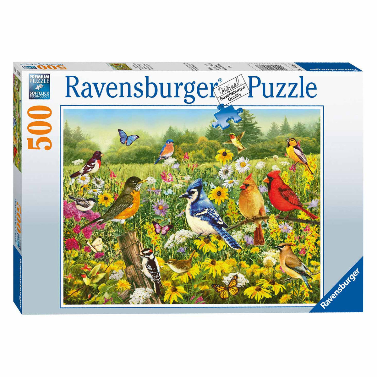 Ravensburger Birds en el rompecabezas de la pierna del prado, 500 °.