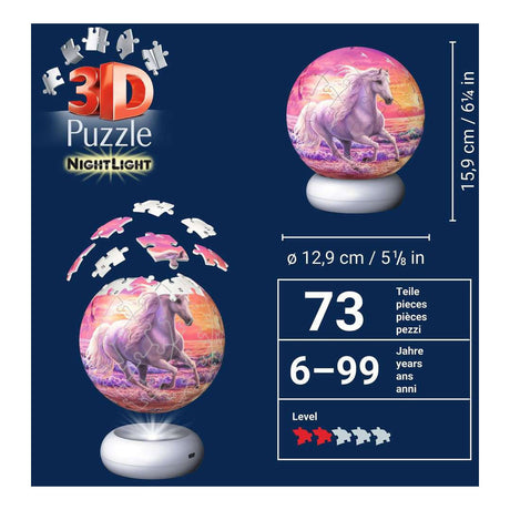 Ravensburger – Caballos en la playa – Luz nocturna de bola de rompecabezas 3D – 73 piezas