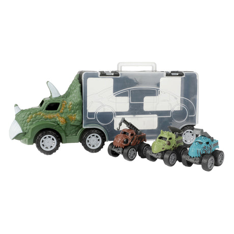 Camión dinosaurio World of Dinosaurs con 3 autos retráctiles