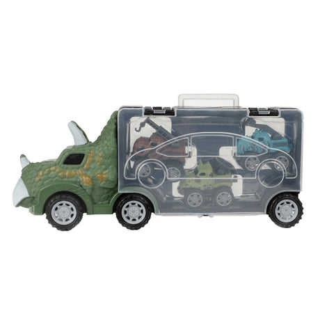 Camión dinosaurio World of Dinosaurs con 3 autos retráctiles