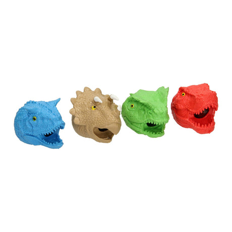 El mundo de los dinosaurios aprieta la cabeza del dinosaurio con bolas.