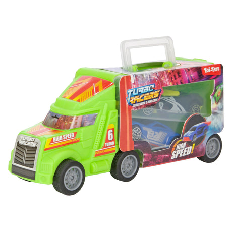 Camión Turbo Racers con coches de carreras, 3 piezas.