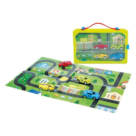 Turbo racers verzamelkoffer met auto's en speelkleed, 6dlg.