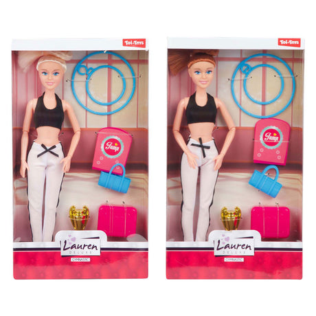 Muñeca de moda Lauren gimnasia con accesorios.