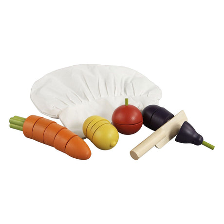 Primi passi - juego de verduras cortadas en madera con gorro de chef