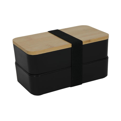 Fiambrera con cubiertos doble con tapa de bambú 18x10x9,5cm plástico negro