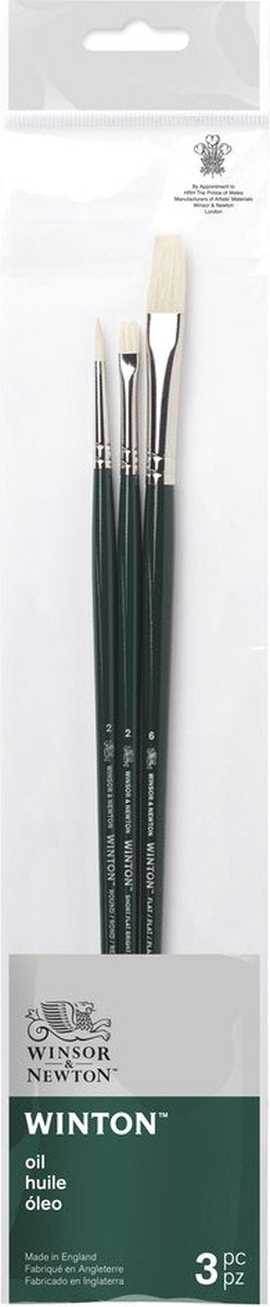 Winsor Newton 5990609 Winton Juego de pinceles para óleo - 3 pinceles largos para pintura al óleo (cerdas planas redondas - redondas 2, cortas planas brillantes 2, planas 6)
