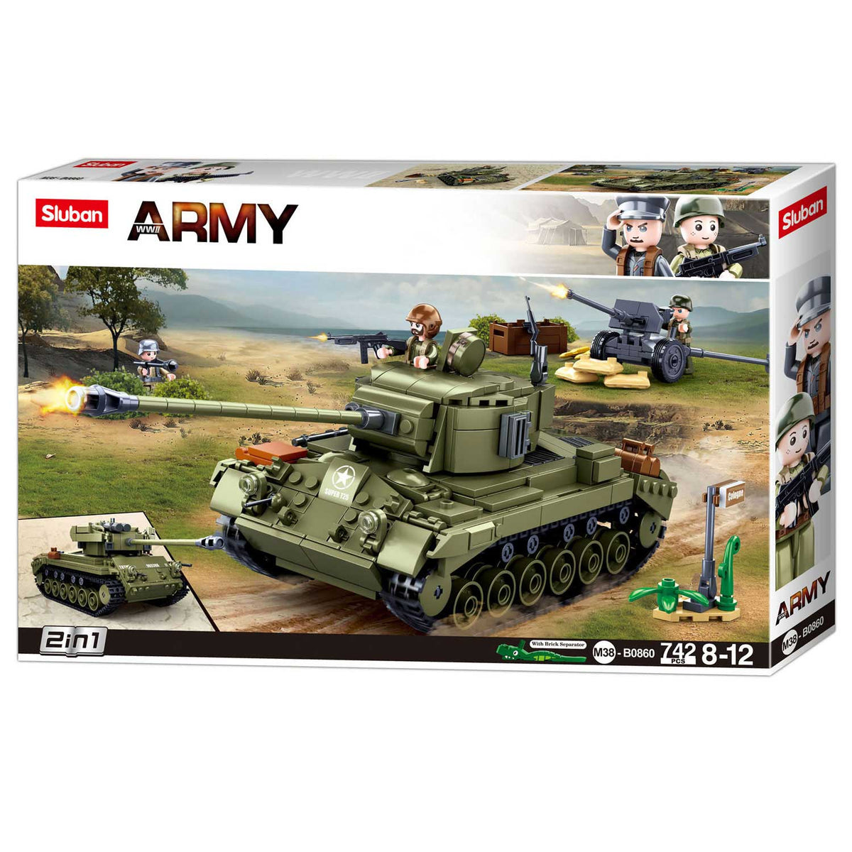 Sluban Army Wwii M26 Pershing Tank Building Toys - Construcción de maquetas de juguetes - Caja de construcción con 742 bloques de construcción - M38-b0860 a partir de 8 años