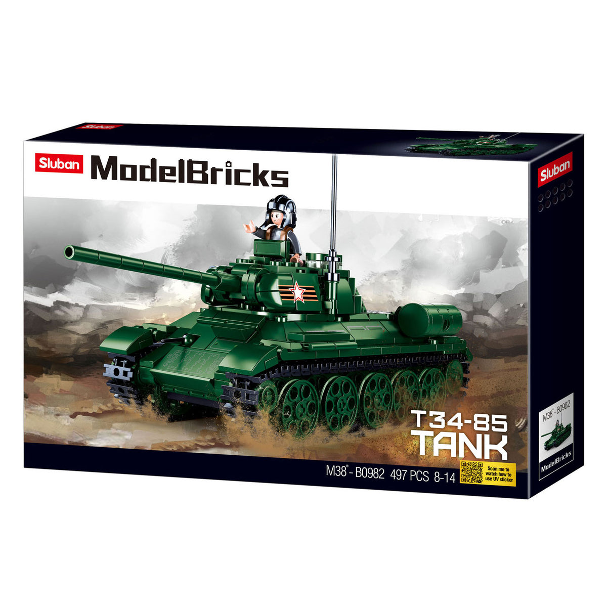 Sluban WWII T-34-85 juguetes de construcción de tanques para niños a partir de 8 años - construcción de maquetas de juguetes - caja de construcción con 497 bloques de construcción - m38-b0982