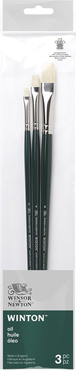Winsor Newton 5990608 Winton Juego de pinceles para óleo - 3 pinceles largos para pintura al óleo (cerdas cortas y planas en tamaños 2, 4 y 8)
