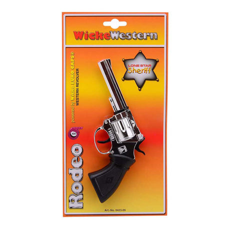 Pistola rodeo Johntoy Wicke de 198mm, 100 disparos, cromada, embalada en caja