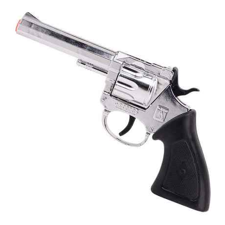 Pistola rodeo Johntoy Wicke de 198mm, 100 disparos, cromada, embalada en caja