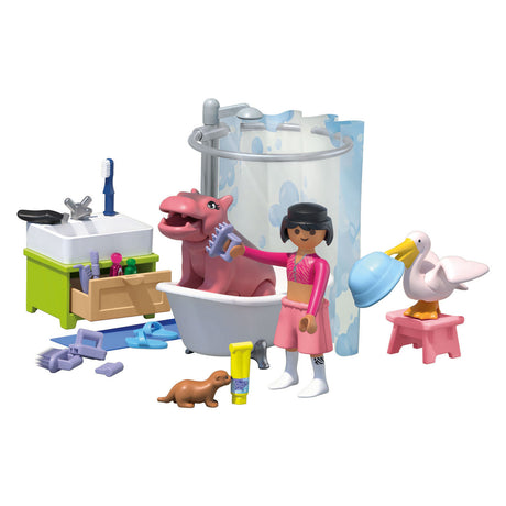 Playmobil | amigos animales | diversión en el baño para mascotas | juguetes a partir de 4 años | regalo para niños | estimula la creatividad y la interacción con los animales | cuidado y baño de animales con accesorios | 71950