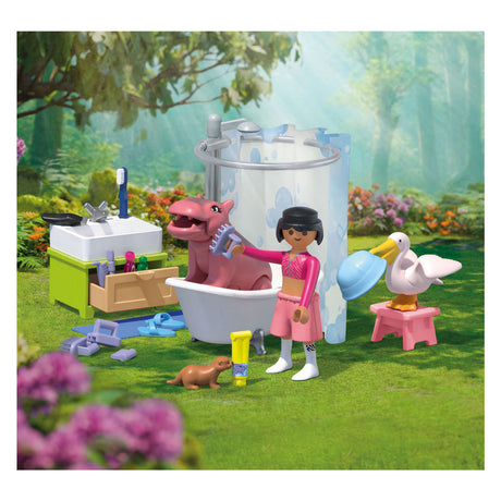 Playmobil | amigos animales | diversión en el baño para mascotas | juguetes a partir de 4 años | regalo para niños | estimula la creatividad y la interacción con los animales | cuidado y baño de animales con accesorios | 71950