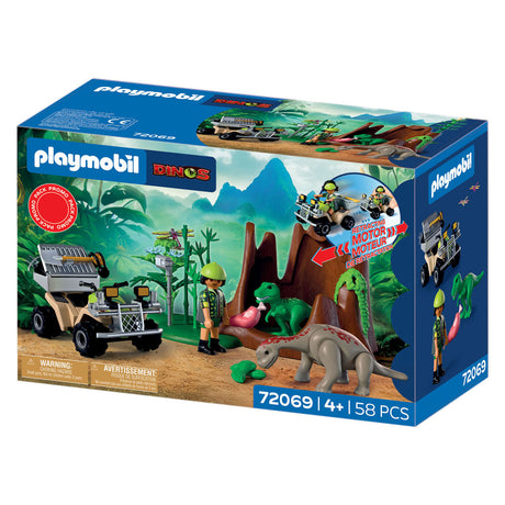 Playmobil | dinosaurios | escondite de dinosaurios | dino explorador con quad, bebé t-rex y bebé braquiosaurio | juguetes infantiles para niños a partir de 4 años | 72069