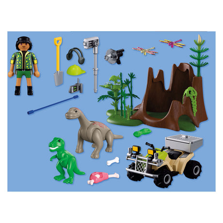 Playmobil | dinosaurios | escondite de dinosaurios | dino explorador con quad, bebé t-rex y bebé braquiosaurio | juguetes infantiles para niños a partir de 4 años | 72069